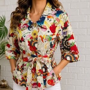 3 Sisters Novelty Pop Art Fruit Print Jacket Womens Large Multicolor Excellent